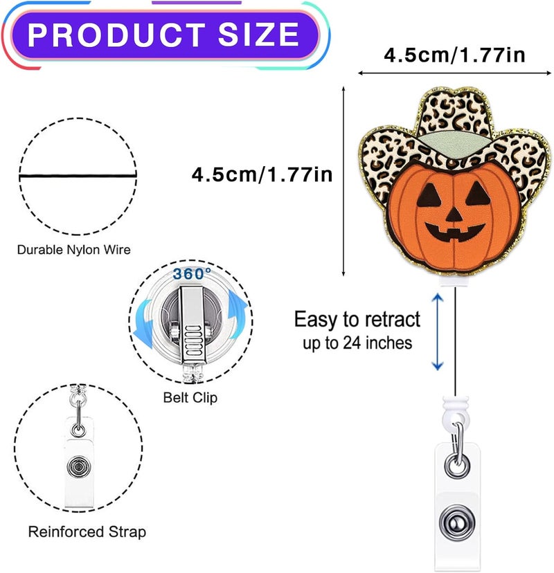 LEBEIGHT Funny Jack-O-Lantern Badge Reel Retractable, Cowboy Pumpkin Halloween Badge Reel for Nurse Nursing RN CNA LPN CMA & Medical Worker, Fall Nurse Badge Holder with Alligator Clip & 24” Durable Nylon Cord - Image 2